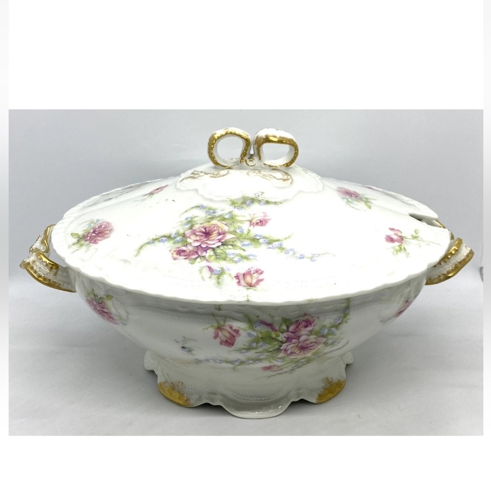 VTG Theodore Haviland White and Pink Floral Tureen with Gold Handles